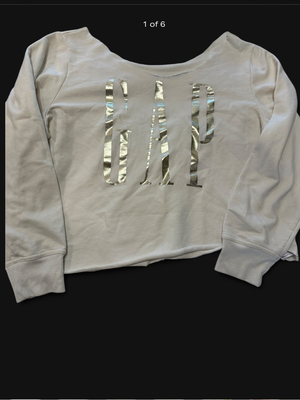 GAP Women's White Crewneck Sweatshirt with Gold Metallic Logo